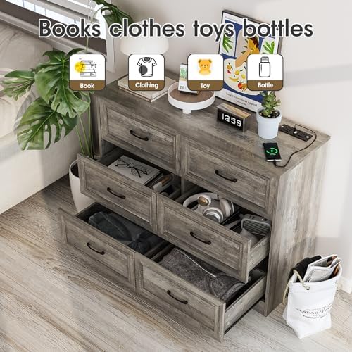 Fameill Dresser for Bedroom, 6 Drawer Wide Dresser Organizer with Charging Station, Tall Dresser for Hallway, Wood Dresser with Metal Handles, Ash Grey - Image 5