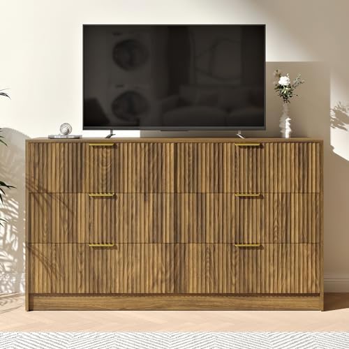 Walnut Dresser with 6 Drawer 55" Wide Fluted Dresser for Bedroom丨Modern Chest of Drawer with Metal Handles, Wood TV Stand for Bedroom, Living Room, Entryway, Hallway, Walnut - Image 7