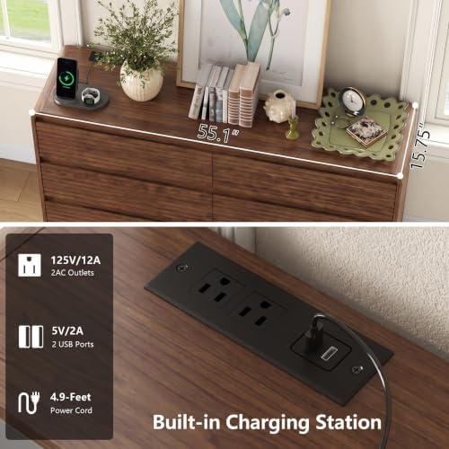 Gyfimoie 55" W Walnut Fluted 6-Drawer Dresser for Bedroom w/Power Outlet - Image 4