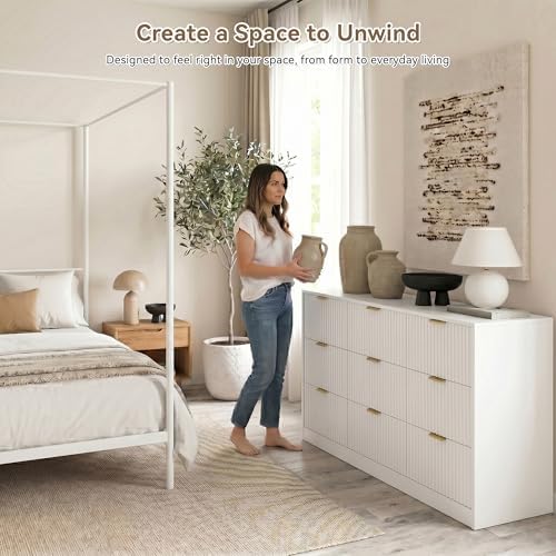 White 9 Drawer Dresser for Bedroom, 63" Wide Modern Fluted Chest of Drawers, Wooden Dresser with Gold Metal Handles, Mid Century Large Dresser TV Stand for Living Room Hallway - Image 4
