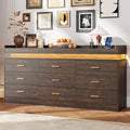 Farmhouse 9 Drawer Dresser with LED Light and Charging Station, Brown by Hlivelood