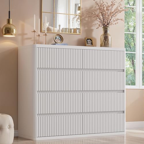 Standifurno White 8 Drawer Dresser for Bedroom, Fluted 48" Wide Wooden Chest of Drawers with Curved Modern Profile Design, Wooden Dresser TV Stand, Wood Closet Clothes Storage Drawer Organizer by StandifurnoFurniture