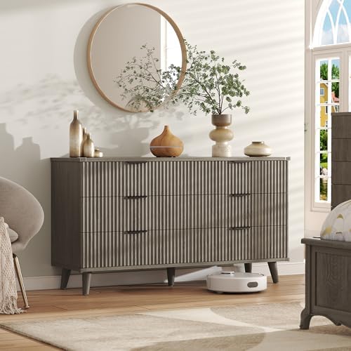 Wood Tall 6 Drawers Dresser, 53.2" W Fluted Modern Dressers for Bedroom by Lulive