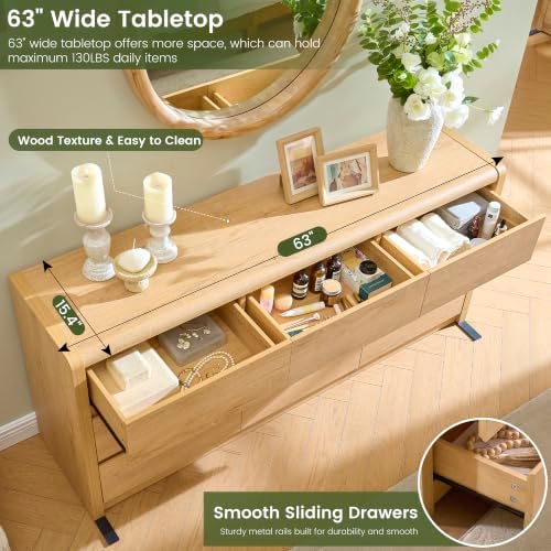 Modern 9 Drawers Dresser for Bedroom, 63” Wide Large Dressers & Chest of Drawers, Front Rounded Corner Handleless Design, Storage Dressers Organizer for Hallway, Living Room, Natural Color - Image 3