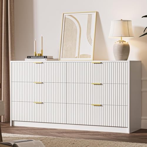 MAISONARIA White 6 Drawer Dresser for Bedroom, 55" Wide Modern Chest of Drawers with Gold Metal Handles, Fluted Wood TV Stand for Living Room, Hallway - Image 6