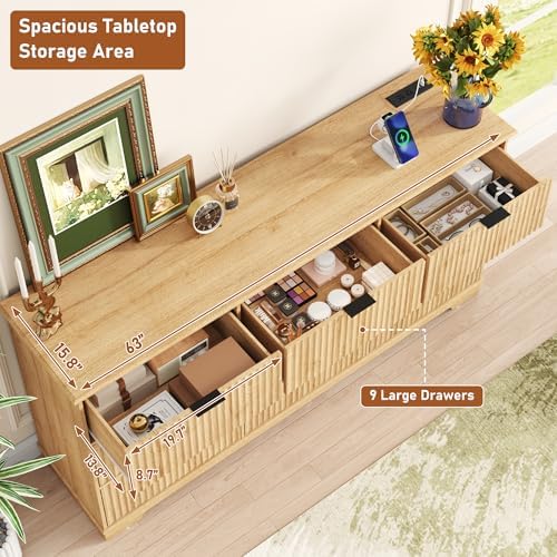 Squireewo Fluted 9 Drawers Dresser for Bedroom, 63" Wide Modern Chest of Drawers with Power Outlet and Deep Drawers, Large Dresser TV Stand for Living Room, Hallway, Kids Room, Oak - Image 5