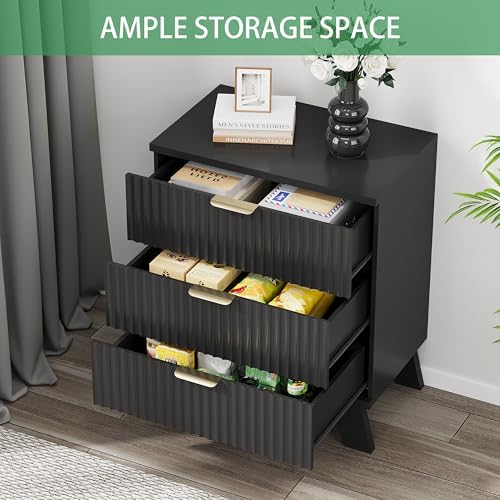 Xixini Fluted Nightstand with 3 Drawers, 24" Wide Side Table, Black - Image 6
