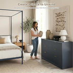 Navy Blue 6 Drawer Dresser for Bedroom, 55" Wide Fluted Chest of Drawers with Gold Metal Handles, Wood Dresser Storage Organizer Mid Century TV Stand for Living Room Closet Hallway - Image 4