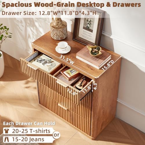 LEYAOYAO Fluted 5 Drawers Dresser for Bedroom, 34" Tall Modern Chest of Drawers with Metal Handle, Curved Profile Design,Brown Wood Drawer Organizer for Bedroom, Living Room, Hallway, Entryway - Image 5
