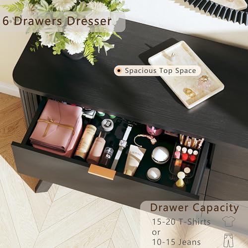 HUAHUU Fluted 6 Drawers Dresser for Bedroom, 55" Mid Century Modern & Chests of Drawers, Curved Profile Design, TV Stand, Wood Storage Dresser for Entryway, Hallway, Black - Image 3