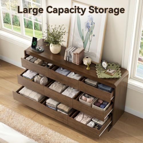 Gyfimoie Walnut Fluted 9-Drawer Dresser for Bedroom w/Power Outlet - Image 5