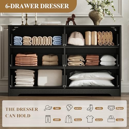 MALOL Coastline Fluted 6 Drawers Dresser for Bedroom, 55" Wide Modern Chest of TV Stand Organizers with Metal Handle, Storage Wooden Dresser Drawer for Living Room, Hallway, Closet, Black Wood - Image 4
