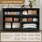 MALOL Coastline Fluted 6 Drawers Dresser for Bedroom, 55" Wide Modern Chest of TV Stand Organizers with Metal Handle, Storage Wooden Dresser Drawer for Living Room, Hallway, Closet, Black Wood - Image 4