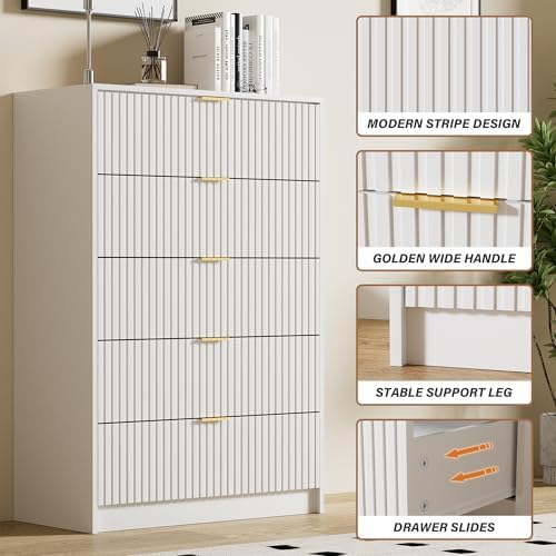 Furniway White Dresser for Bedroom, Modern Dresser with 5 Drawers and Smooth Slides, Wide Chest of Drawers with Golden Handles for Bedroom, Living Room, Closet, 15.7" D x 31.5" W x 47.2" H - Image 3