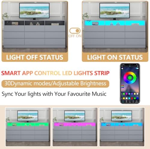 Gyfimoie 63" Grey 9-Drawer Dresser for Bedroom w/Power Outlet, LED Light - Image 4