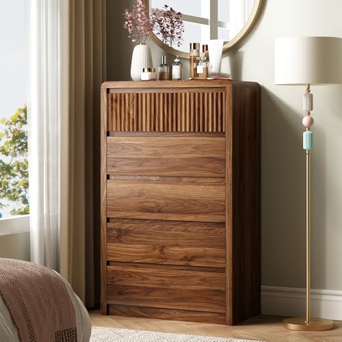 LYNSOM Walnut Fluted 5 Drawer Dresser for Bedroom, Curved Edge, 48" Tall by LYNSOM