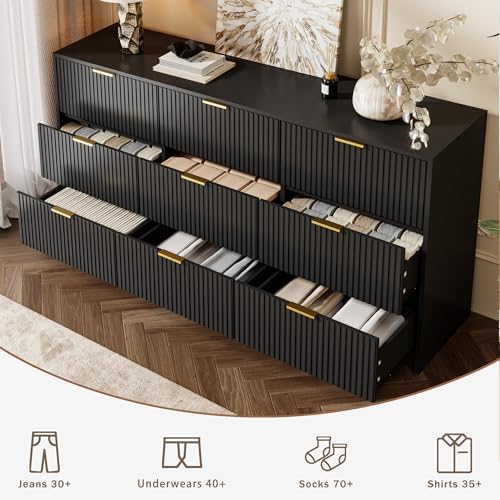 MAISONARIA Black 9 Drawer Dresser for Bedroom, 63" Wide Modern Fluted Dresser with Gold Metal Handles, Chest of Drawers for Bedroom, Living Room, Entryway, Hallway - Image 3