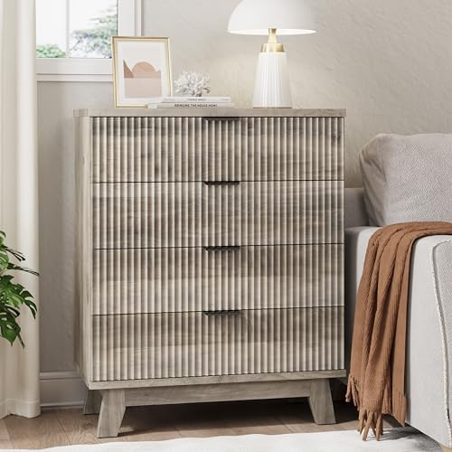 Xixini Fluted Nightstand with 4 Drawers, 31.5" Wide Side Table, Grey - Image 3