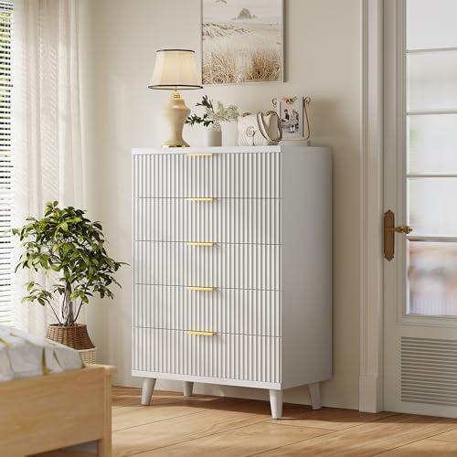 Wood Tall 5 Drawers Dresser, 27.6" W Fluted Modern Dressers for Bedroom - Image 4
