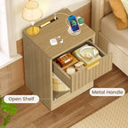 TEENFON Fluted Nightstands Set of 2, Bed Side Table with Charging Station and LED Light, Night Stand with Storage Drawer and Open Shelf, End Table for Small Space, Bedroom, Natural - Image 5