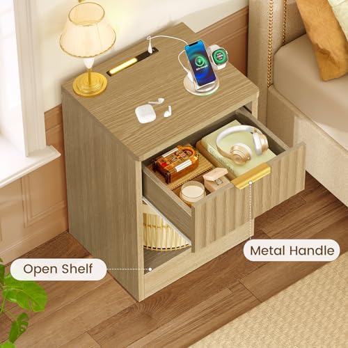 TEENFON Fluted Nightstands Set of 2, Bed Side Table with Charging Station and LED Light, Night Stand with Storage Drawer and Open Shelf, End Table for Small Space, Bedroom, Natural - Image 5