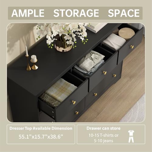 Black Dresser for Bedroom, 9 Drawer Dresser with Large Drawers, 55 Inch Wide Wood Chest for Living Room, Hallway - Image 4