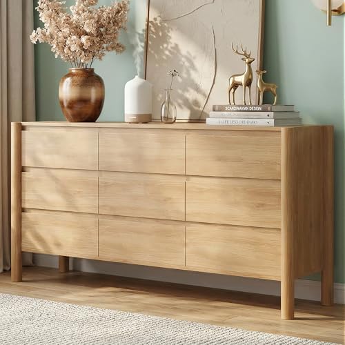 CHUWELL 63" Wide Oak 9 Drawer Dresser for Bedroom with Solid Wood Legs by CHUWELLStorageCabinet