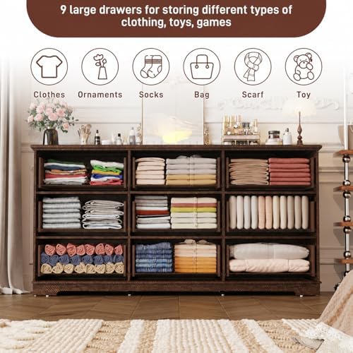 Fluted 9 Drawers Dresser for Bedroom, 63" Wood Dresser with Power Outlet and Deep Drawers, Wide Chest of Drawers, Modern Closet Dressers for Living Room, Upgraded Version with Wooden Drawers, Brown - Image 3