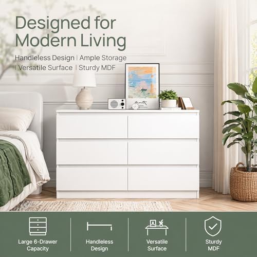 White 6 Drawer Dresser for Bedroom,Modern Deep Drawer Dresser with No-Handle Design,Wide Storage Chest of Drawers,Wood Bedroom Storage Organizer Furniture for Closet,Hallway - Image 5