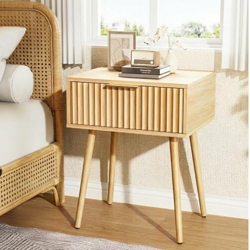 VINGLI Fluted Nightstand with Drawer, 19" W Mid Century Modern Nightstand for Bedroom, Bedside Table, End Tables Bedroom, Wood Night Stand, Oak, 18.9" W*14.96" D*24" H by VINGLI