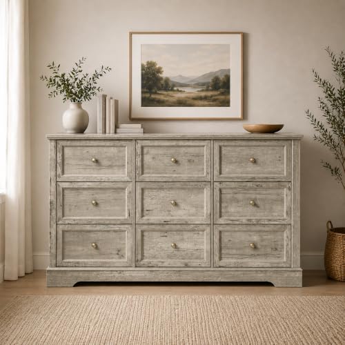 LOUVIXA Farmhouse Dresser 9 Drawer, Bedroom Chest of Drawers, Dressers with 9 Drawers, Wooden Dressers for Bedroom, Living Room, Tv Stand, Entryway(Rustic Yellow) - Image 4