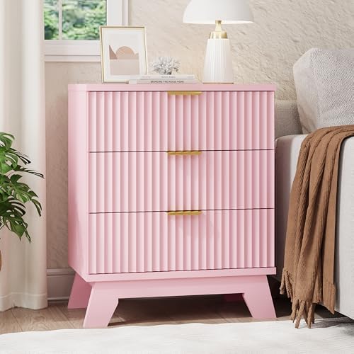 Xixini Fluted Nightstand with 3 Drawers, 24" Wide Side Table, Pink - Image 3
