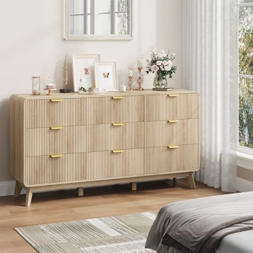 QUW Fluted 59.1" Wide Modern Dresser for Bedroom with 9 Drawers, Tall Chest of Drawers with Metal Handle, Wooden Dresser TV Stand, Hallway, Living Room, Natural Oak - Image 2