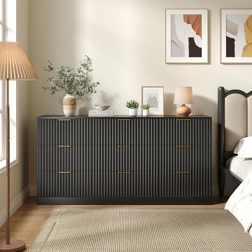 Black 9 Drawer Dresser for Bedroom, 63" Wide Modern Fluted Chest of Drawers, Wooden Dresser with Gold Metal Handles, Mid Century Large Dresser TV Stand for Living Room Hallway - Image 5