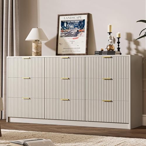 MAISONARIA Beige 9 Drawer Dresser for Bedroom, 63" Wide Modern Fluted Dresser with Gold Metal Handles, Chest of Drawers for Bedroom, Living Room, Entryway, Hallway by MAISONARIA