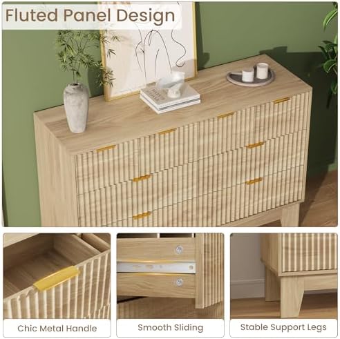 GarveeHome 47" Wide Fluted 8 Drawers Dresser, Oak - Image 4