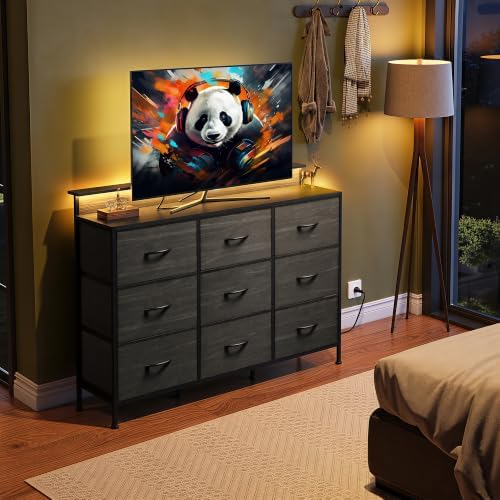 WLIVE Bedroom Dresser TV Stand 9 Drawers, Fabric Chest LED Lights, Charcoal - Image 2
