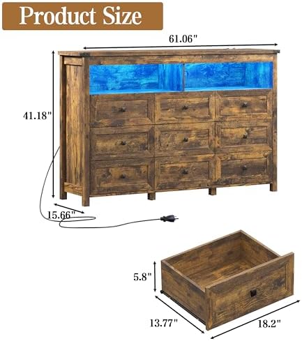 Wodeer 9 Drawer Dresser for Bedroom with LED Lights, Charging Station, Wood Chest of Drawers with Metal Handles, Modern TV Stand & Storage Organizer for Living Room, Hallway, Brown - Image 2
