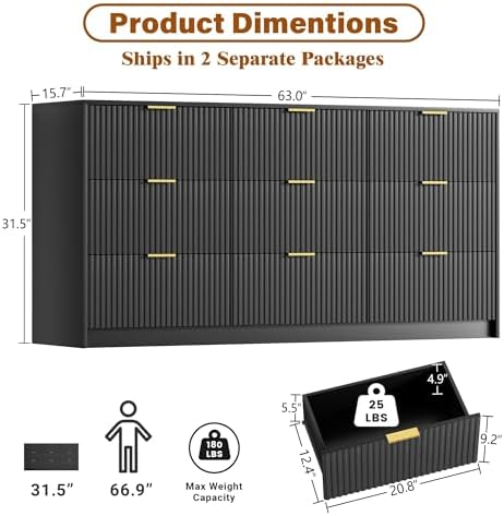 Furniway Black Dresser for Bedroom, Modern Dresser with 9 Drawers and Smooth Slides, Wide Chest of Drawers with Golden Handles for Bedroom, Living Room, Closet, 15.7" D x 63" W x 31.5" H - Image 2