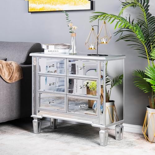 Bonnlo Mirrored Dresser 6 Mirror Drawers, Mirrored Cabinet, Glass Mirror Dresser, Modern Chest of Drawers, Silver, 32”L x 12”W by Bonnlo