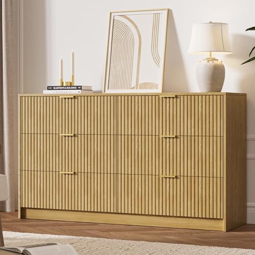 MAISONARIA 6 Drawer Dresser for Bedroom, 55" Wide Modern Chest of Drawers with Gold Metal Handles, Fluted Wood TV Stand for Living Room, Hallway, Natural - Image 7