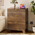 BORNOON 30.5" Nightstand with Charging Station, 3-Drawer Fluted Bedroom Chest, Wood Bedside Dresser with Power Outlets and USB Ports, Stable Base, Modern Storage Cabinet for Small Spaces by BORNOON