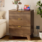BORNOON 30.5" Nightstand with Charging Station, 3-Drawer Fluted Bedroom Chest, Wood Bedside Dresser with Power Outlets and USB Ports, Stable Base, Modern Storage Cabinet for Small Spaces by BORNOON