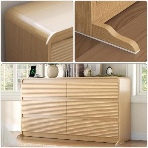 Gyfimoie 6 Drawers Dresser for Bedroom, 55" Wide Dressers & Chest of Drawers w/Curved Profile Design, Charging Station, Wood Mid Century Storage Dressers Organizer for Bedroom, Natural Oak - Image 6