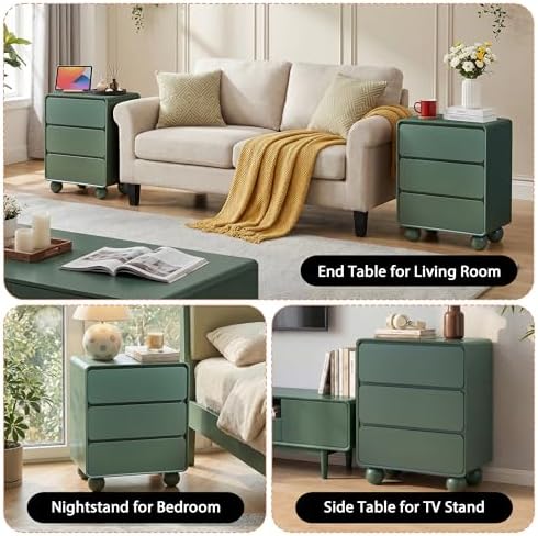 AVZEAR Set of 2 Modern3 Drawer Dresser for Bedroom, Curved Wooden Dresser Chest of Drawers, 3 Drawer Nightstand Closet Clothes Storage Organizer for Kids Bedroom, Living Room, Nursery, Green - Image 3