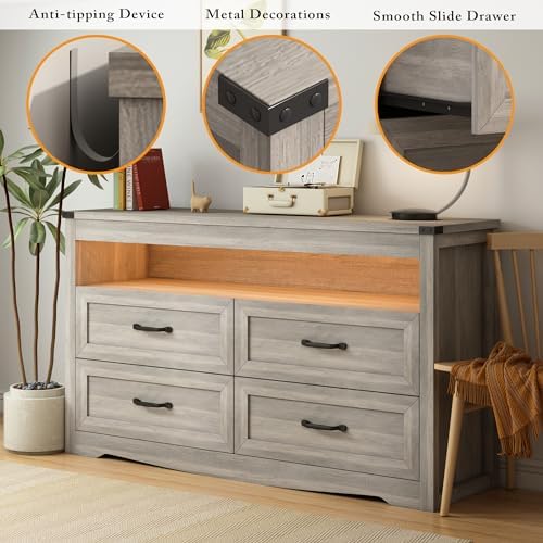 Wodeer Grey Dresser for Bedroom, Wooden 4 Drawer Dresser with LED Light, Dressers & Chests of Drawers with Metal Handles, Storage and Organization for Bedroom, Hallway, Entryway, Gray - Image 4
