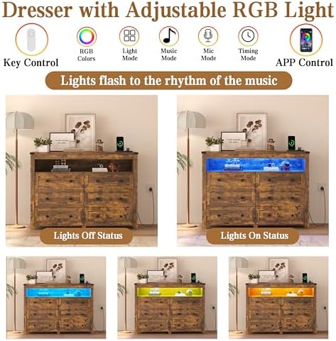 Wodeer Brown Dresser 6 Drawer Dressers for Bedroom with LED Lights, Charging Station, Wood Chest of Drawers with Metal Handles, Modern TV Stand Storage Cabinet for Living Room, Hallway, Entryway - Image 5
