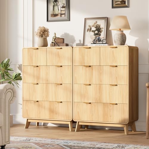 QUW Fluted 5 Drawers Dresser for Bedroom, Modern 40.2" Tall Drawer Dressers with Metal Handle, Wooden Chest of Dresser for Living Room, Hallway, Solid Wood Legs, Curved Profile Design, Natural Oak - Image 7