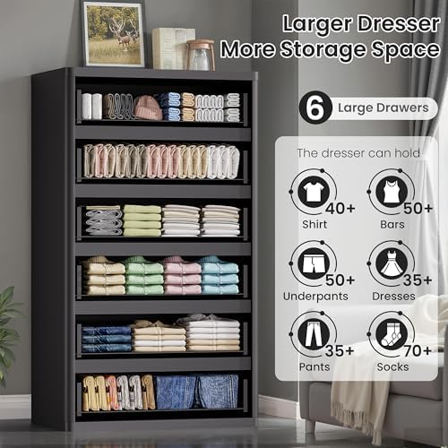 Standifurno Black 56" Tall Dresser for Bedroom, Fluted Modern 6 Drawers Deep Dressers, Wood Chest of Drawers with Handleless, Curved Profil Storage Closet Dressers for Bedroom, Living Room, Hallway - Image 3