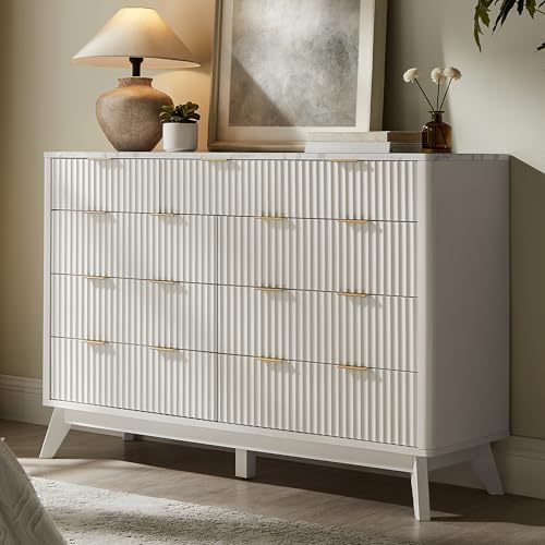T4TREAM 54" Wide Fluted 9 Drawer Dresser for Bedroom, Solid White by T4TREAMFurniture